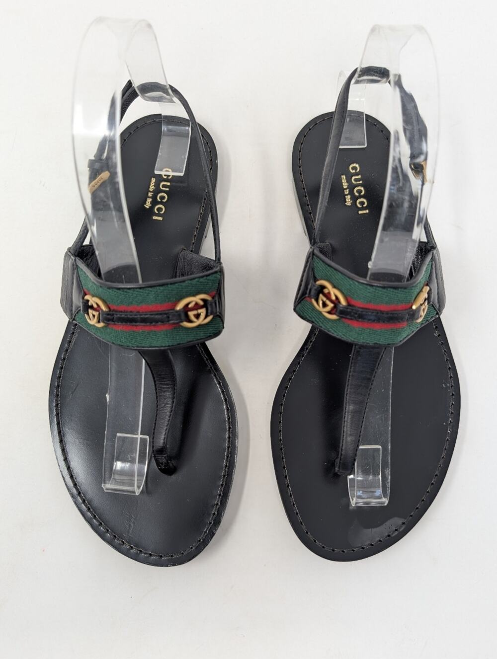 Gucci Jakarta GG Web Stripe Slingback Flat Leather Thong Sandals Size 36.5